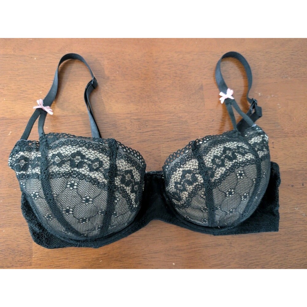 Betsey Johnson  Lined Bra 34D Underwire Black Lace Mesh pink Ribbons PRELOVED